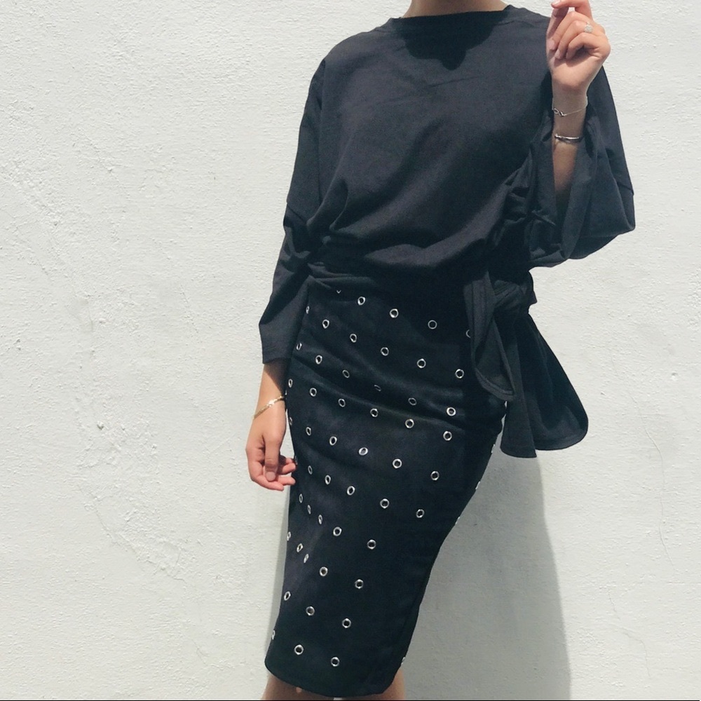 Suede Hole Detail Midi Skirt - BLACK